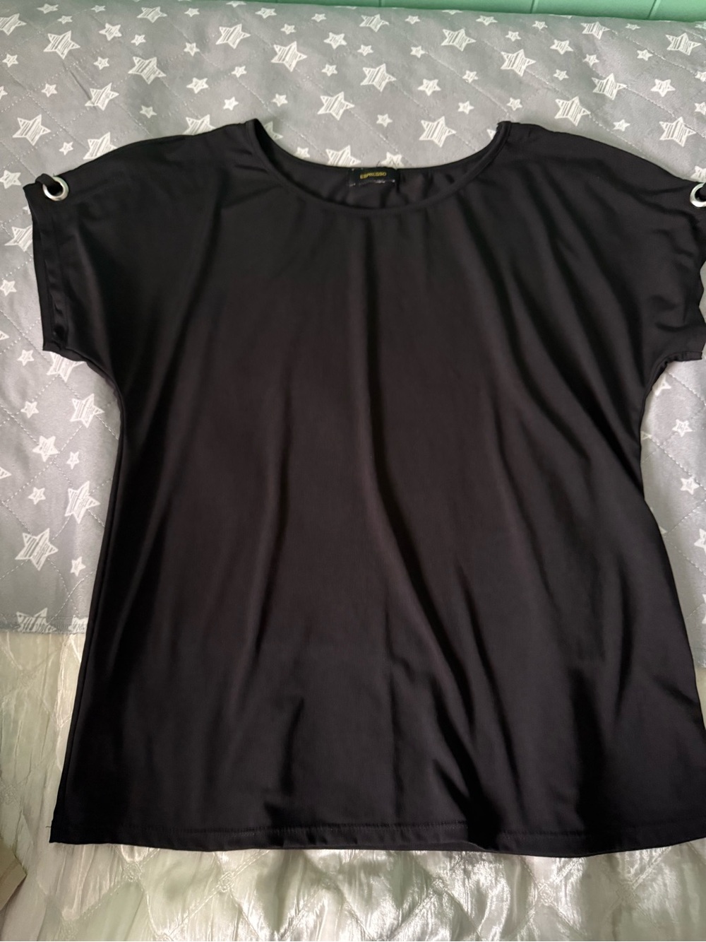 Espresso Black Short Sleeve Scoop-Neck Top with Grommet Detail